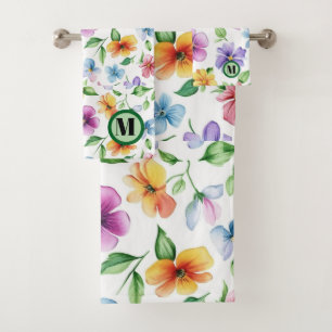 Rustic Eucalyptus Watercolor Pattern Monogram Bath Towel Set