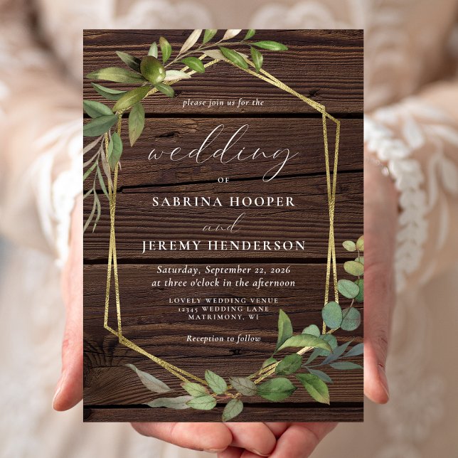 Rustic Eucalyptus Wood Gold Frame Wedding Invitation (Creator Uploaded)