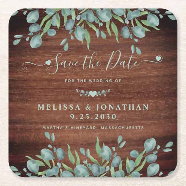  Rustic Eucalyptus Wood Wedding Save The Date Square Paper Coaster (Front)