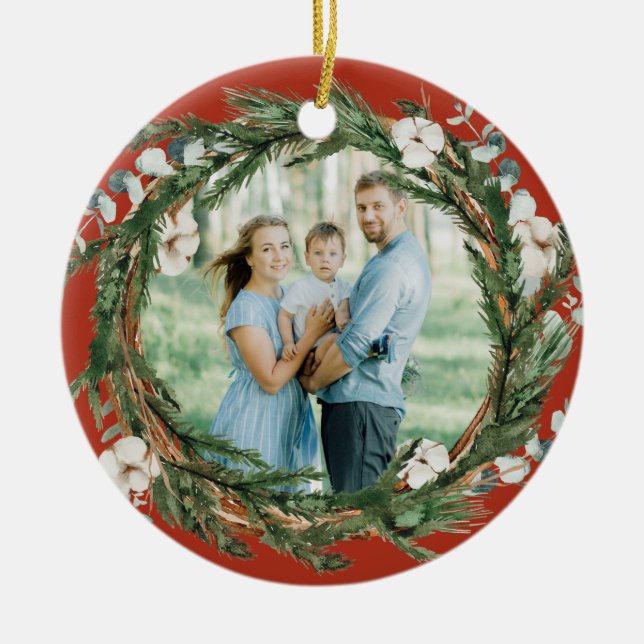 Rustic Eucalytus and Pine Wreath Christmas Photo Ceramic Ornament (Front)