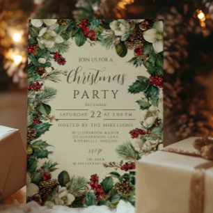 Rustic Evergreen Berry Christmas Party Invitation