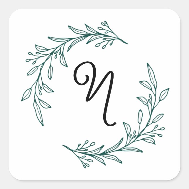 Rustic Evergreen Personalised Name Initial Wreath Square Sticker (Front)