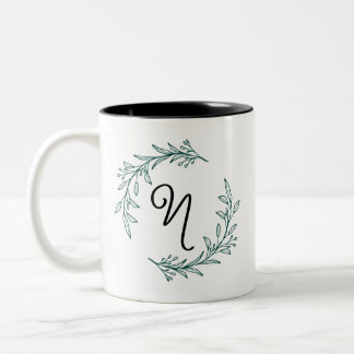 Rustic Evergreen Personalised Name Initial Wreath Two-Tone Coffee Mug