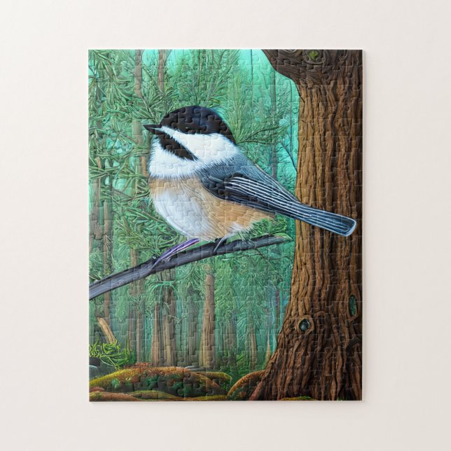 Rustic Evergreen Pine Chickadee Jigsaw Puzzle (Vertical)