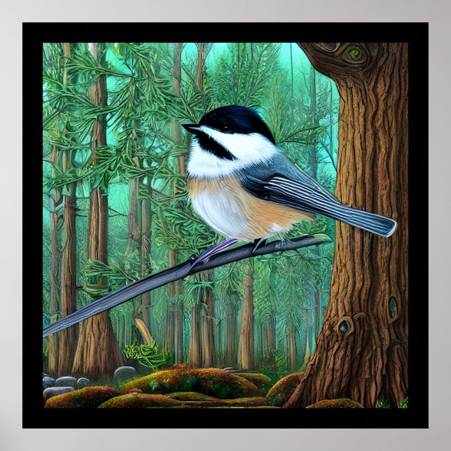 Rustic Evergreen Pine Chickadee Poster (Front)