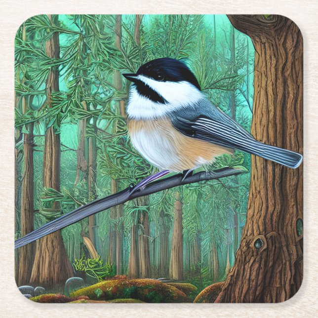 Rustic Evergreen Pine Chickadee Square Paper Coaster (Front)