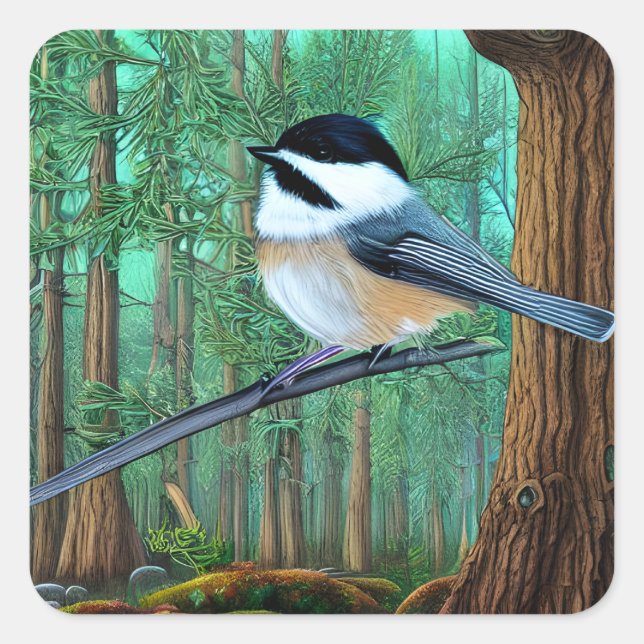 Rustic Evergreen Pine Chickadee Square Sticker (Front)
