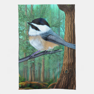 Rustic Evergreen Pine Chickadee Tea Towel