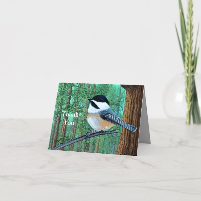 Rustic Evergreen Pine Chickadee      Thank You Card (Front)