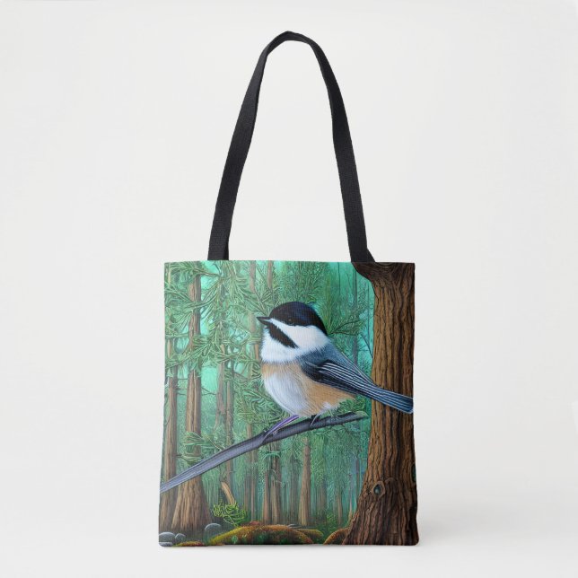 Rustic Evergreen Pine Chickadee Tote Bag (Front)