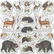 Rustic Evergreen Pine Forest Animals Sticker Sheet