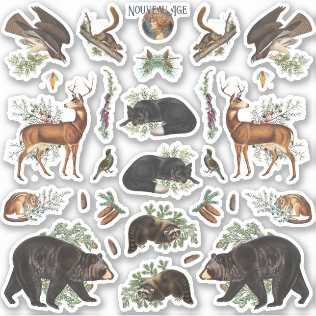 Rustic Evergreen Pine Forest Animals Sticker Sheet (Front)