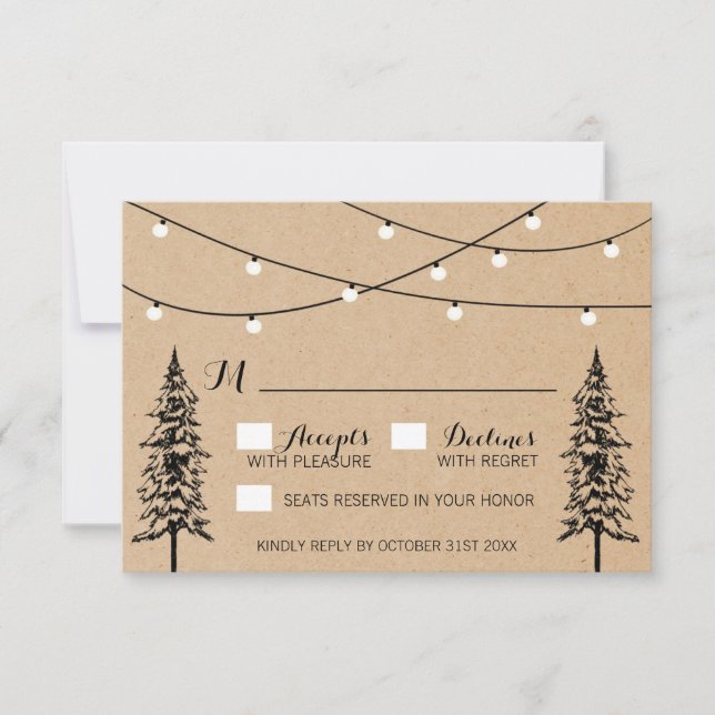 Rustic Evergreen Pine Tree Wedding RSVP Cards (Front)