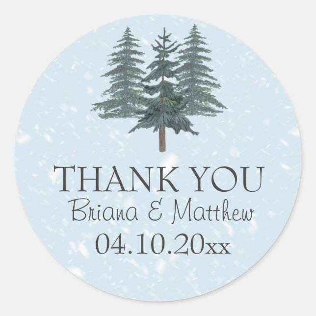Rustic Evergreen Winter Pine Trees Wedding Favour Classic Round Sticker (Front)