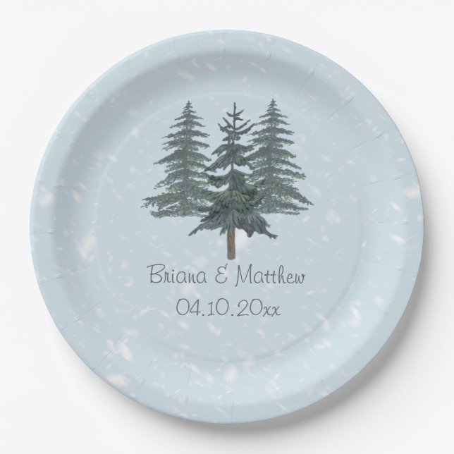 Rustic Evergreen Winter Pine Wedding Paper Plate (Front)