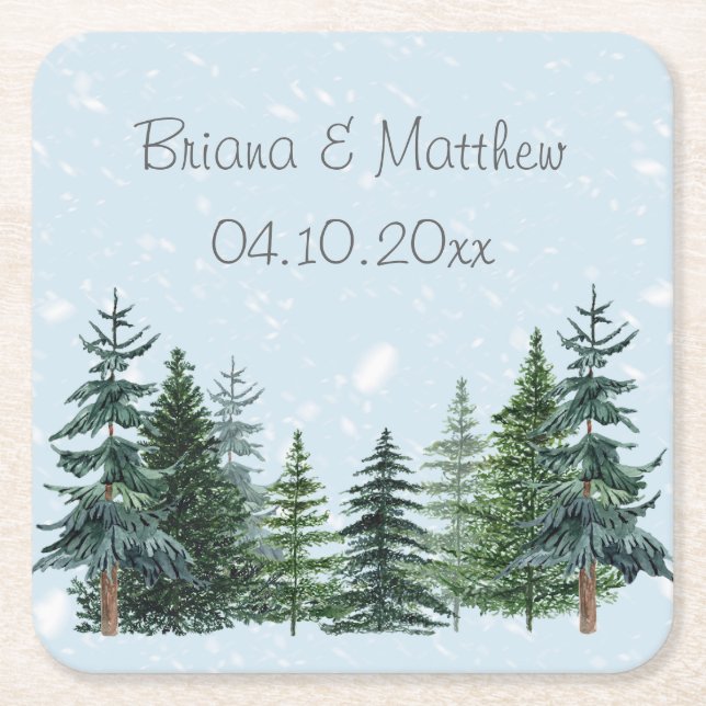 Rustic Evergreen Winter Pine Wedding Square Paper Coaster (Front)