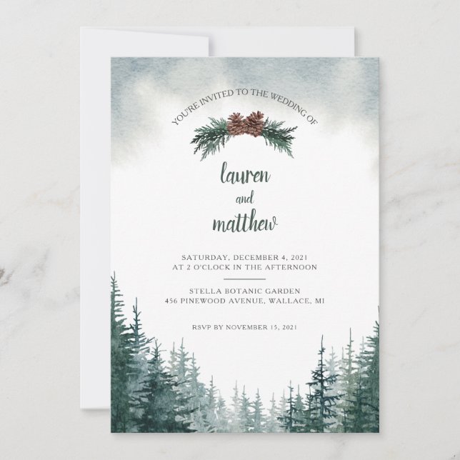 Rustic Evergreen Winter Wedding Invitation (Front)