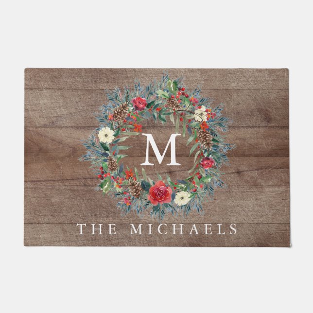 Rustic Evergreen Wreath Christmas Doormat (Front)