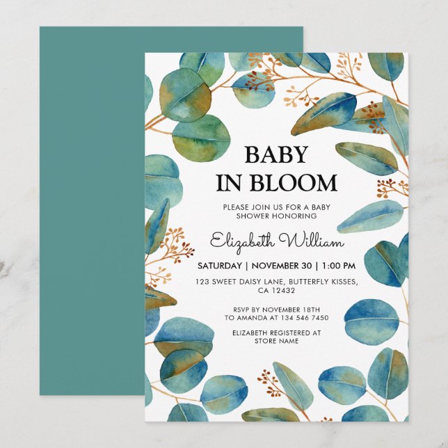 Rustic Eycalyptus Baby In Bloom Baby Shower Invitation (Front/Back)