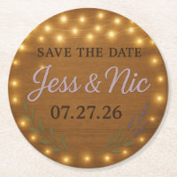 Rustic Fairy Light Save the Date Coaster  