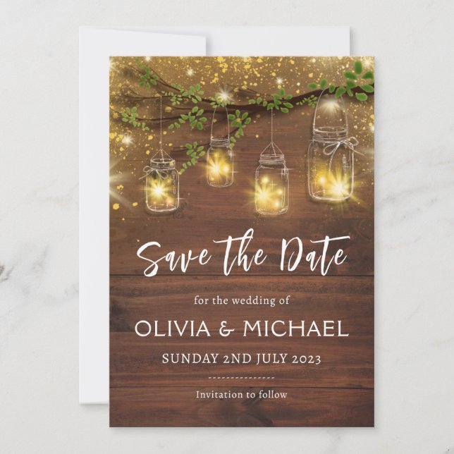 Rustic fairy lights save the dates, mason jars invitation (Front)