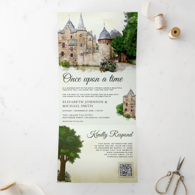 Rustic Fairytale Castle Story Book QR Code Wedding Tri-Fold Invitation (Inside)