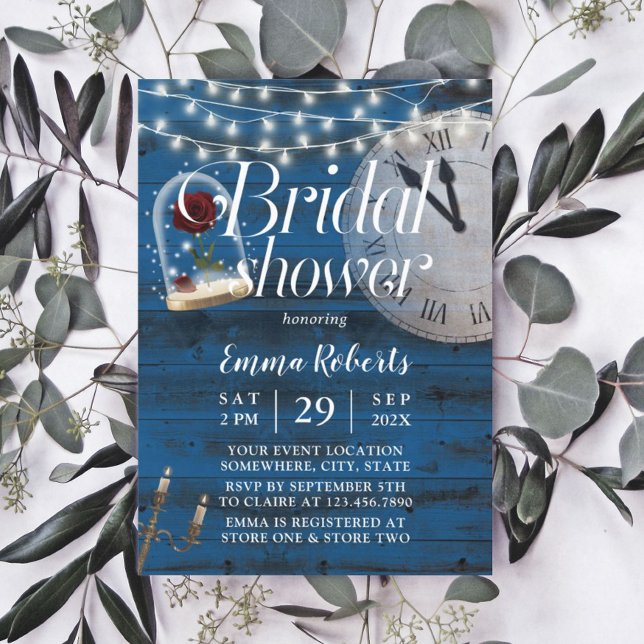 Rustic Fairytale Wedding Navy Wood Bridal Shower Invitation (Creator Uploaded)