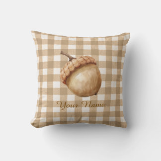 Rustic Fall Acorn Brown Gingham Personalised Cushion