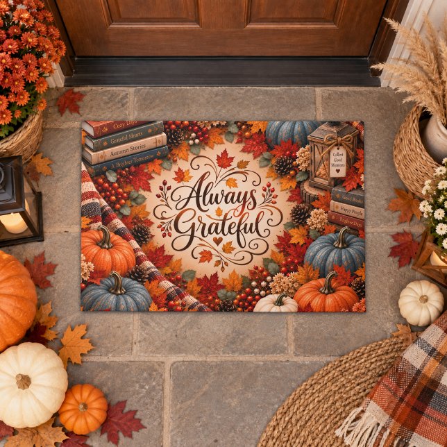Rustic Fall Always Grateful Pumpkins Illustration Doormat (Creator Uploaded)