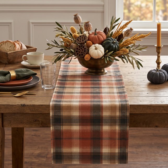 Rustic Fall Autumn Classic Plaid Rust Cream Black Short Table Runner (Creator Uploaded)