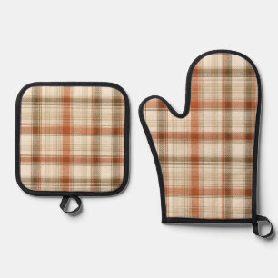 Rustic Fall Autumn Classic Plaid Rust Cream Brown Oven Mitt & Pot Holder Set
