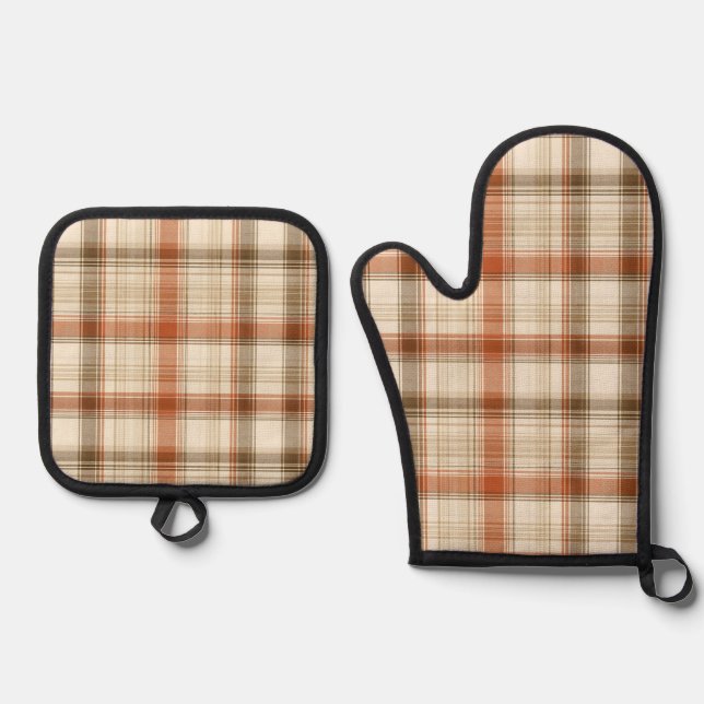 Rustic Fall Autumn Classic Plaid Rust Cream Brown Oven Mitt & Pot Holder Set (Front)