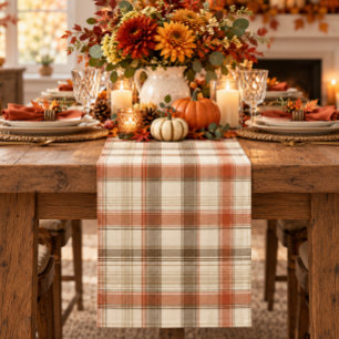 Rustic Fall Autumn Classic Plaid Rust Cream Brown Short Table Runner