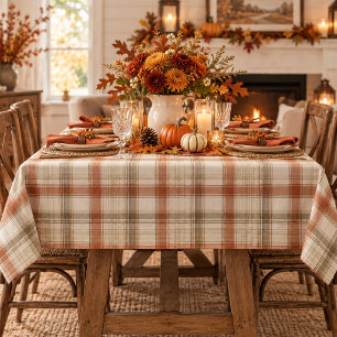 Rustic Fall Autumn Classic Plaid Rust Cream Brown Tablecloth