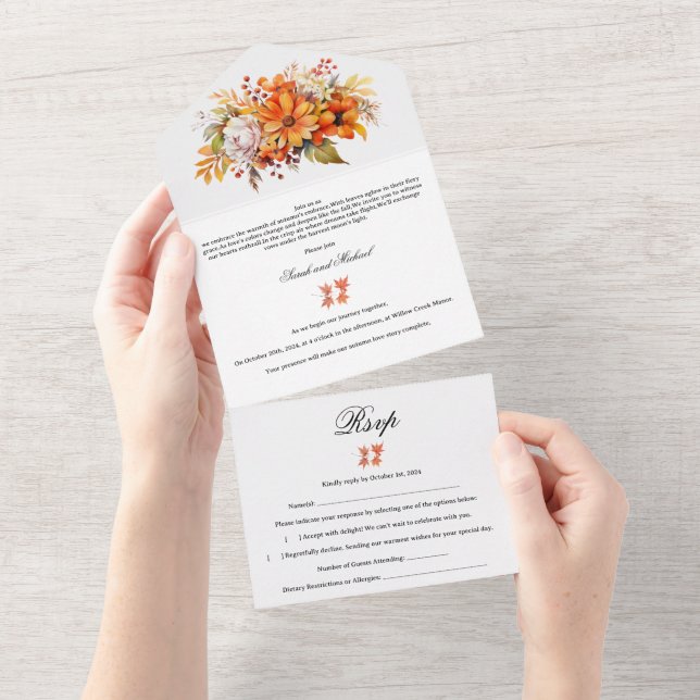 Rustic Fall Autumn Floral  Wedding All In One Invitation (Tearaway)
