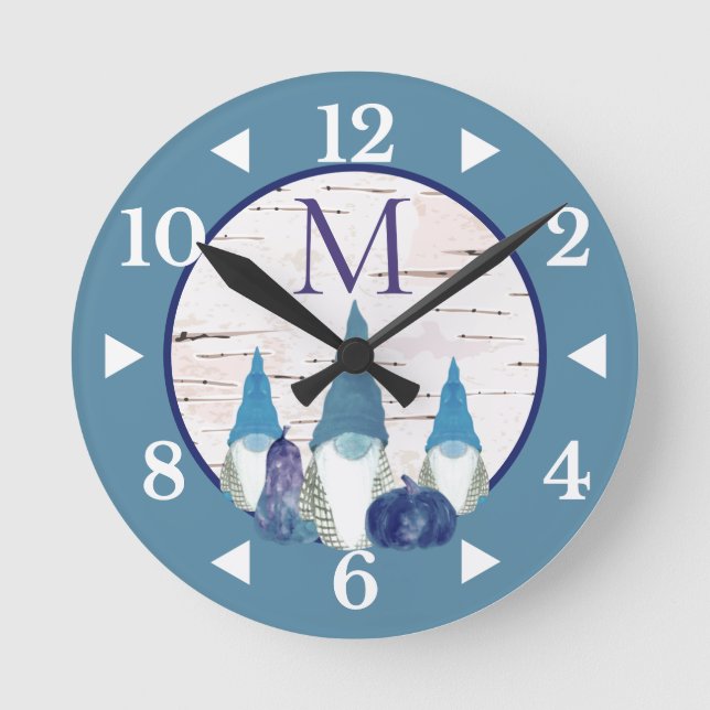 Rustic Fall Autumn Gnome Dusty Blue pumpkins Round Clock (Front)