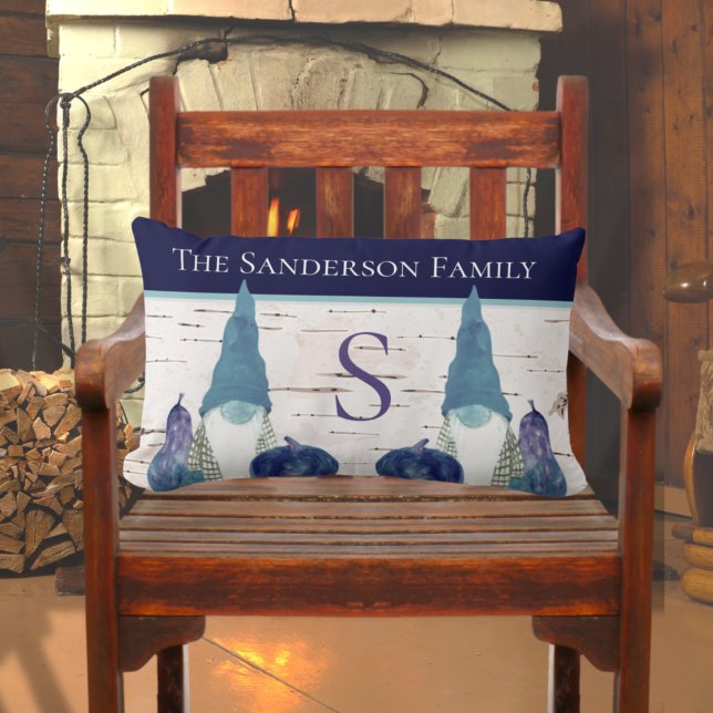 Rustic Fall Autumn Gnome Navy Dusty Blue pumpkins Lumbar Cushion (Creator Uploaded)