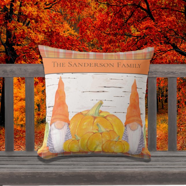 Rustic Fall Autumn Gnome orange plaid with pumpkin Cushion (Creator Uploaded)