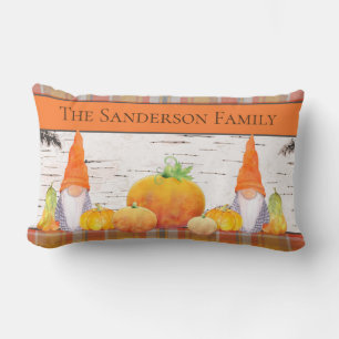 Rustic Fall Autumn Gnome orange plaid with pumpkin Lumbar Cushion