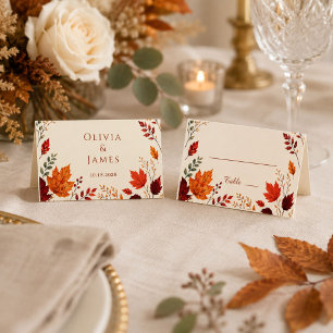 Rustic Fall Autumn Ivory & Orange Leaves Place Card