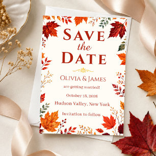 Rustic Fall Autumn Ivory & Orange Leaves Save The Date