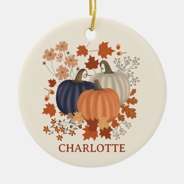 Rustic Fall Autumn Pumpkin Wildflowers Custom Name Ceramic Ornament (Front)