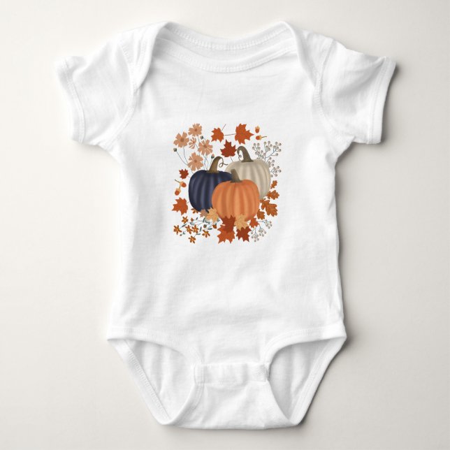 Rustic Fall Autumn Pumpkins Wildflowers Leaves Baby Bodysuit (Front)