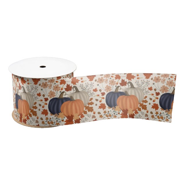 Rustic Fall Autumn Pumpkins Wildflowers Leaves Satin Ribbon (Spool)