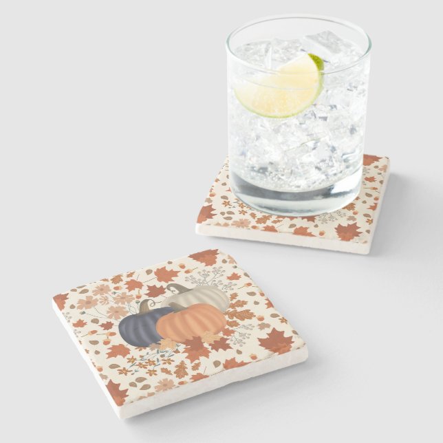 Rustic Fall Autumn Pumpkins Wildflowers Leaves Stone Coaster (Side)