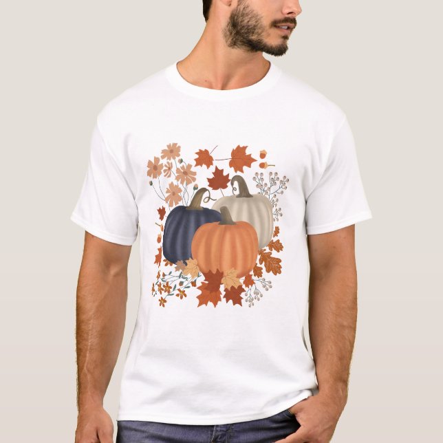 Rustic Fall Autumn Pumpkins Wildflowers Leaves T-Shirt (Front)