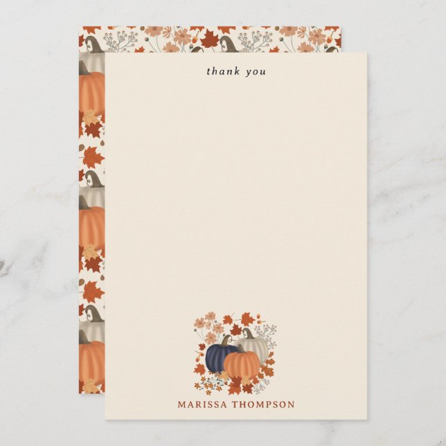 Rustic Fall Autumn Pumpkins Wildflowers Leaves Thank You Card (Front/Back)