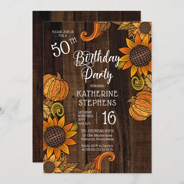 Rustic Fall |Autumn Sunflowers 50th Birthday Party Invitation (Front/Back)