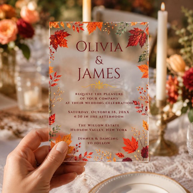 Rustic Fall Autumn Teal and Orange Leaves Acrylic Invitations (Creator Uploaded)