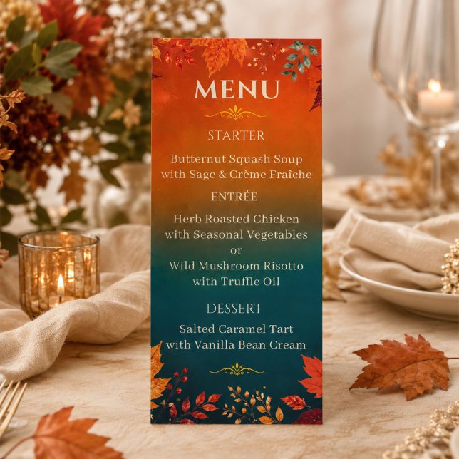Rustic Fall Autumn Teal and Orange Leaves Menu (Creator Uploaded)